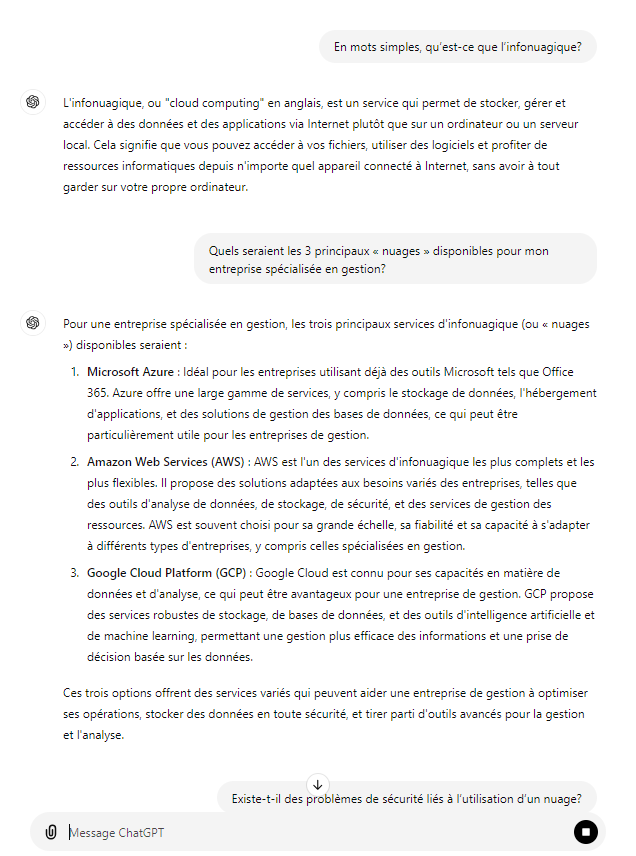 Exemple de questions posées à ChatGPT