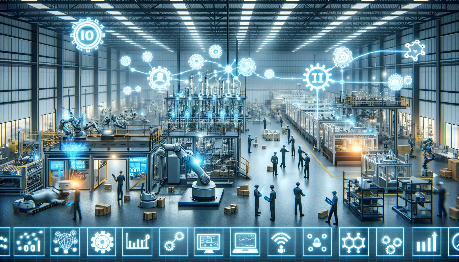 Usine automatisée avec robots industriels, employés utilisant des tablettes et icônes numériques illustrant l’optimisation des processus et la gestion des données.