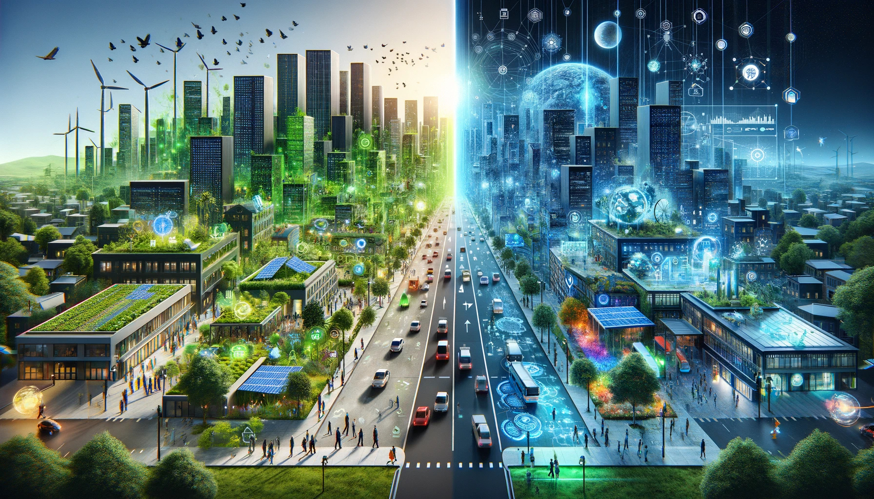 Ville divisée en deux : à gauche un environnement urbain vert et durable, à droite sa version numérique connectée avec données, réseaux et interfaces virtuelles.