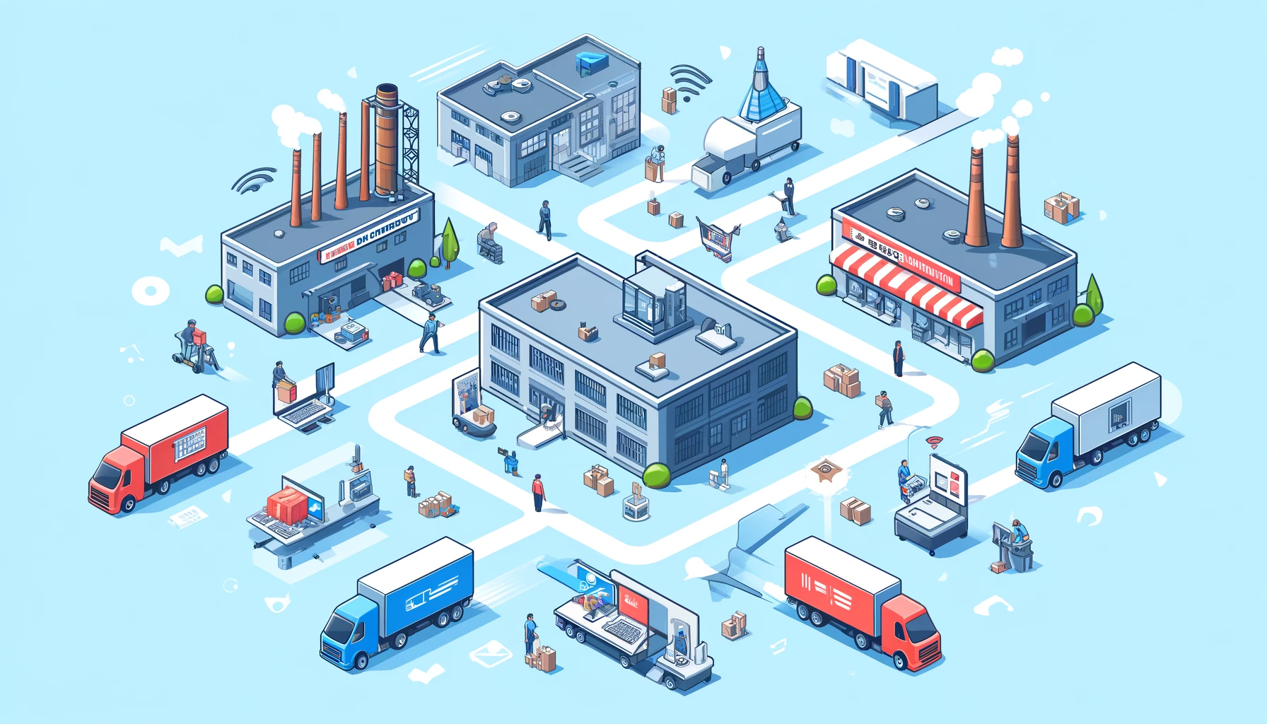 Illustration d’un réseau logistique reliant usines, entrepôts, commerces et camions de livraison dans une stratégie de distribution intégrée.