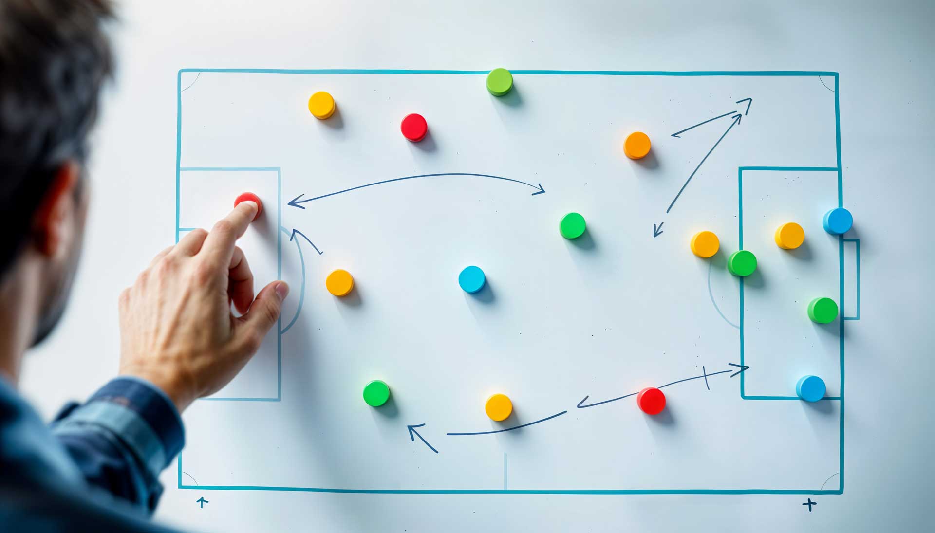 Main positionnant des repères colorés sur un schéma de processus pour planifier une stratégie.