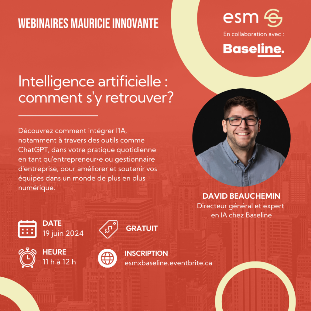 Affiche du webinaire « Intelligence artificielle : comment s’y retrouver? » organisé par ESM et Baseline.