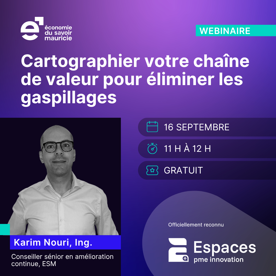 Visuel du webinaire « Cartographier votre chaîne de valeur pour éliminer les gaspillages » présenté par Économie du savoir Mauricie.